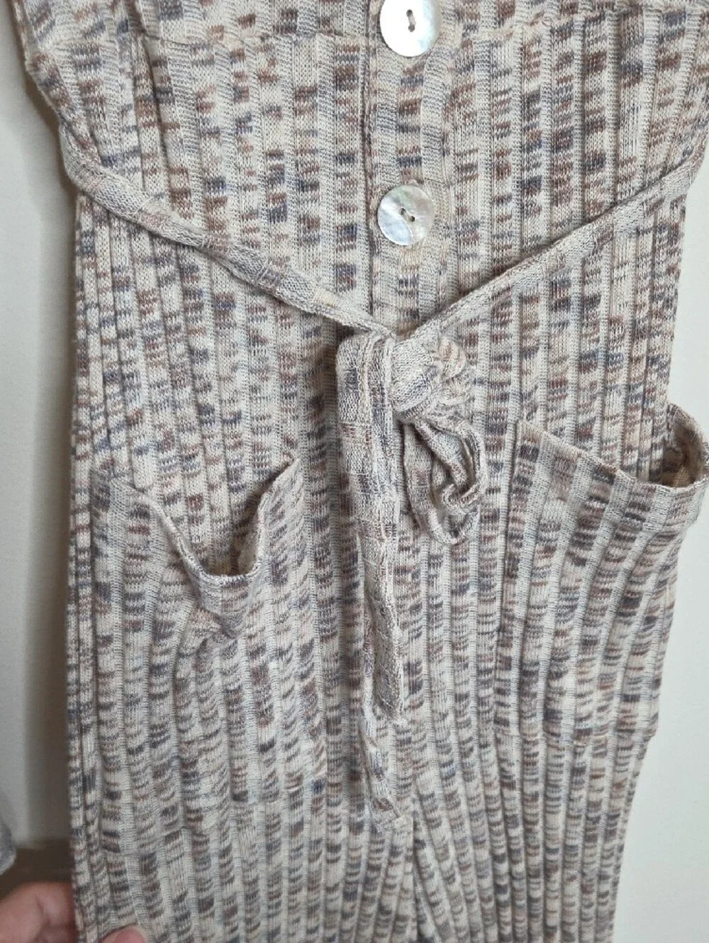 Free People Ribbed Collared Button-Front Jumpsuit in Taupe Speckle